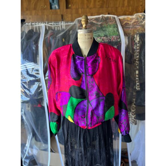 VTG 80s Multicolor Satin Bomber Jacket Colorblock Shoulder Pads OS
OS - Picture 3 of 4